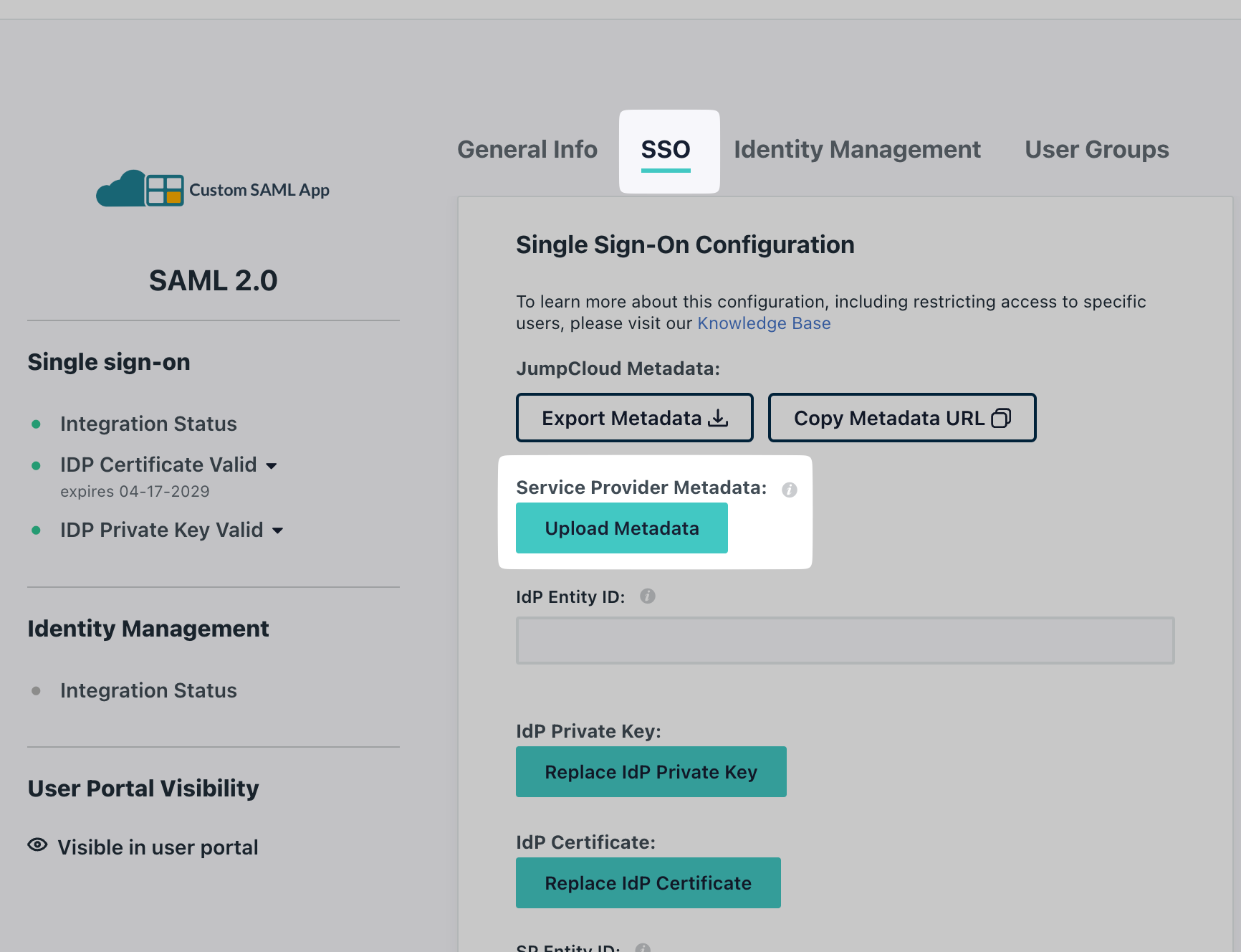 Upload Metadata XML under Service Provider Metadata
